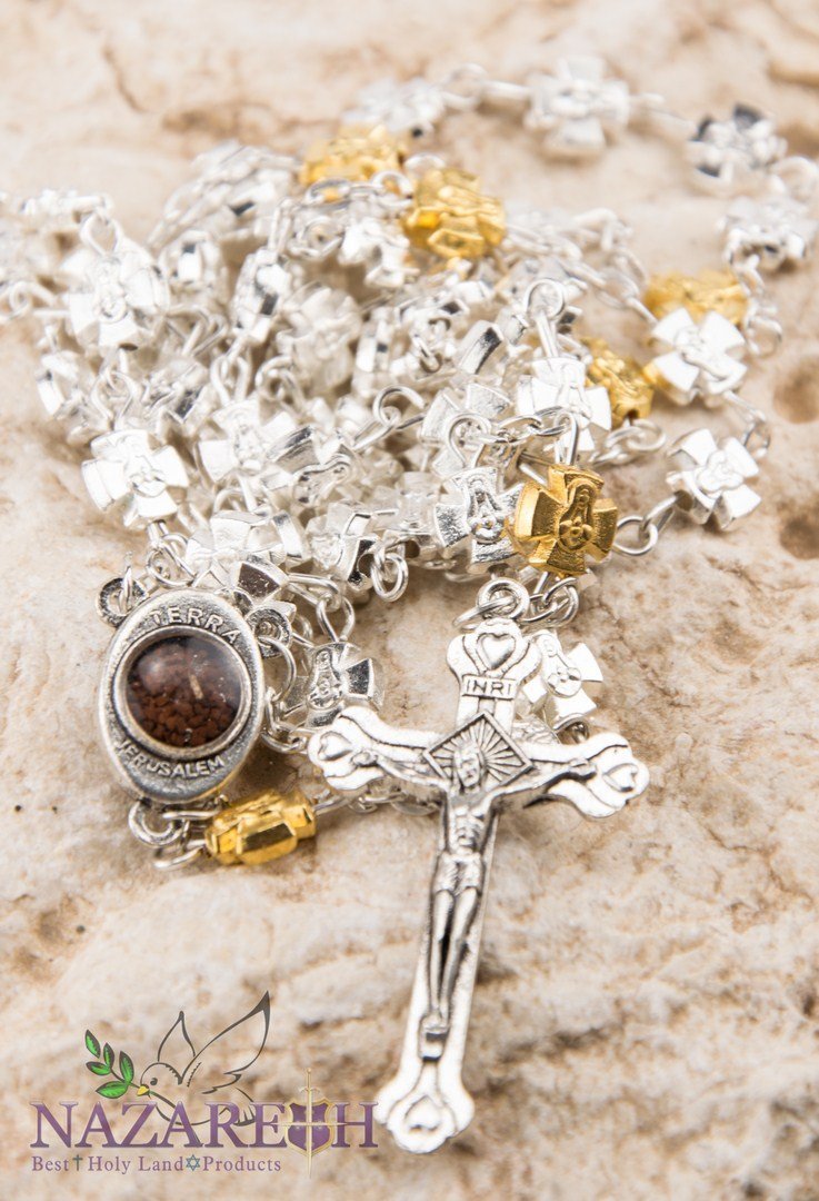 Jerusalem Crosses Rosary Beads Silver Plated Cross in Madonna Silver ...