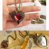 Vintage Heart Ruby Necklace Fashion Women Retro Bronze Long Chain Jewelry Gift N3