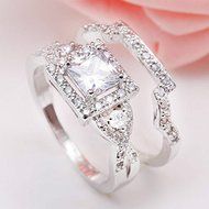 Fashion Women 2PCS Square White Topaz 925 Silver Wedding Couple Rings Set New (9) N4