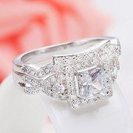 Fashion Women 2PCS Square White Topaz 925 Silver Wedding Couple Rings Set New (9) N5