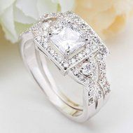 Fashion Women 2PCS Square White Topaz 925 Silver Wedding Couple Rings Set New (9) N6