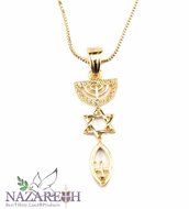 Messianic Star of David Menorah Fish Pendant Gold Plated Necklace From Holy Land N3