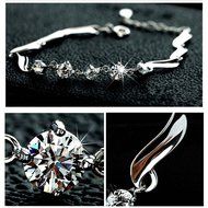 New Women 925 Silver Plated Charm Shiny Crystal Chain Bracelet Bangle N2