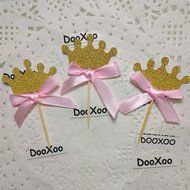 DOOXOO Gold glitter crown cupcake topper with pink bow. 1st birthday, princes, prince, custom number cupcake topper...