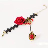 QTMY Rose Flower Black Lace Ring Adjustable Bracelet Jewelry Set gift for women girl N4
