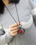 Circle Fashion Red Pearl Pendant Statement Long Chain Sweater Necklace Jewelry