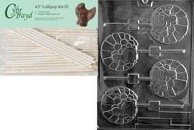 Cybrtrayd 45St25-T011 Fancy Turkey Lolly Thanksgiving Chocolate Candy Mold with 25-Pack 4.5-Inch Lollipop Sticks