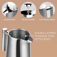 Plemo French Press Double Wall Stainless Steel Coffee Maker, 34 oz