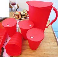 Tupperware Impressions 2 Quart Pitcher &amp; Four 16 Ounce Tumblers, Red, Rare Color