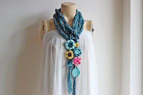 Green Crochet Scarf-Lariat Necklace Scarf- Olive Green ,Mustard,Orange Scarf-Flowers and Leaves Scarf-Hippie Scarf N7