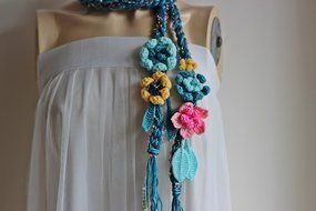 Green Crochet Scarf-Lariat Necklace Scarf- Olive Green ,Mustard,Orange Scarf-Flowers and Leaves Scarf-Hippie Scarf N8