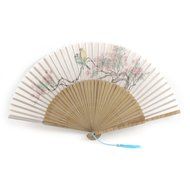uxcell Organza Bamboo Tassels Ornament Hollow Out Ribs Folding Hand Fan Blue N2