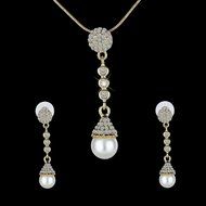 Long Dangle Pendant Crystal Pearl Necklace Earrings Gorgeous Golden Jewelry Set N3