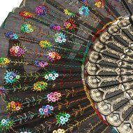 COCOTINA Embroidered Flower Peacock Pattern Sequin Fabric Folding Handheld Hand Fan Hand (Red) N7