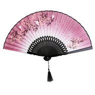 Linen Butterfly Flowers Hand Fan Lacquer Handle Japanese Folding Fan Cosplay Costome Accs Pink N3