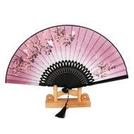 Linen Butterfly Flowers Hand Fan Lacquer Handle Japanese Folding Fan Cosplay Costome Accs Pink N4