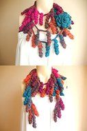 Curly Crochet Scarf-Multicolor Lariat Scarf-Necklace Lariat Scarf-Pink,Orange,Blue Scarf-Vegan Scarf N2