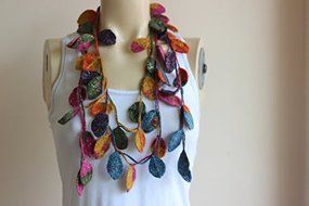 Leaves Necklace Scarf-Multicolor Crochet Necklace-Multicolor Lariat Scarf-Mohair Crochet Scarf with Gold Glitter... N5