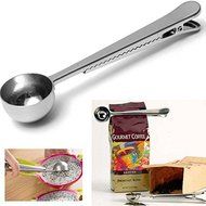Stainless 1 Cup Ground Coffee Measuring Scoop Spoon with Bag Sealing Clip N4