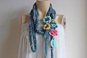 Green Crochet Scarf-Lariat Necklace Scarf- Olive Green ,Mustard,Orange Scarf-Flowers and Leaves Scarf-Hippie Scarf N9