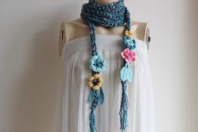 Green Crochet Scarf-Lariat Necklace Scarf- Olive Green ,Mustard,Orange Scarf-Flowers and Leaves Scarf-Hippie Scarf N10