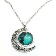 Vintage Cat touch moon Cabochon Silver plated chain necklace Moon pendant N2
