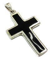 Christian Crucifix Silver 925 Black Enamel Pendant Fashion Cross Jerusalem 1.7" N2