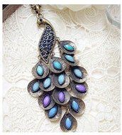 Fashion Bronze Style Peacock Blue Crystal Chain Pendant Necklace 27.5''