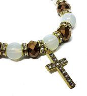 Gold Glass Beads Stretchable Bracelet Brown Crystals &amp; Zircons Cross Jerusalem