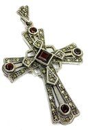 Unique Sterling Silver 925 Marcasite Crucifix Red Garnet Crystals Jerusalem 2.4"