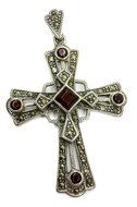 Unique Sterling Silver 925 Marcasite Crucifix Red Garnet Crystals Jerusalem 2.4" N2