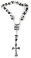 Car Rearview Mirror Silver Rosary Black Crystals Beads &amp; Zircons Cross Jerusalem