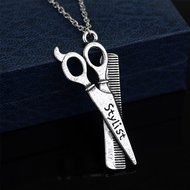 Women's Fashion Silver Hairdresser Scissors Comb Stylist Pendant Chain Necklace N7