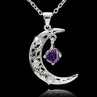 Fashion Women Silver Charm Moon Amethyst Crystal Hollow Vintage Necklace Pendant