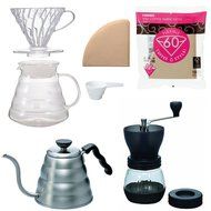 Hario V60 Kettle, Brewer Set, Coffee Mill &amp; 100 Extra Filters - Package Set
