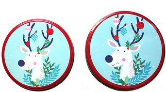 Christmas Holiday Round Nesting Cookie Gift Tins - Set of 2 - 6.5&quot; x 3&quot; and 6&quot; x 2.5&quot;