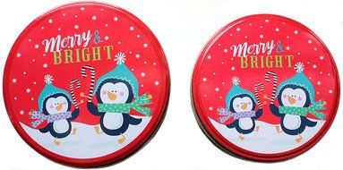 Christmas Holiday Round Nesting Cookie Gift Tins - Set of 2 - 6.5&quot; x 3&quot; and 6&quot; x 2.5&quot; N3