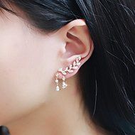 Fashion Women Leaves Tassel Ear Stud Crystal Zircon Earrings Jewelry Silver