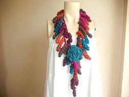 Curly Crochet Scarf-Multicolor Lariat Scarf-Necklace Lariat Scarf-Pink,Orange,Blue Scarf-Vegan Scarf N3