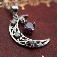 Fashion Women Silver Charm Moon Amethyst Crystal Hollow Vintage Necklace Pendant N3