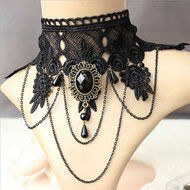 Women Black Lace Flower Chain Tassel Choker Collar Necklace Gothic Punk Jewelry N4