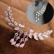 Women Fashion Gold Silver Crystal Zircon Leaves Tassel Ear Stud Earrings Jewelry (gold)
