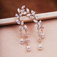 Women Fashion Gold Silver Crystal Zircon Leaves Tassel Ear Stud Earrings Jewelry (gold) N3