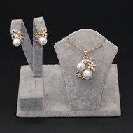 Vogue Jewelry Set Double Pearl Flower Dangle Earrings CZ Gold Plated Necklace