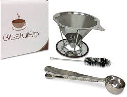Blissful Sips Pour Over Coffee Filter (Single Cup) &ndash; Stainless Steel Fine Mesh Strainer for Fresh Brewed Coffee... N4