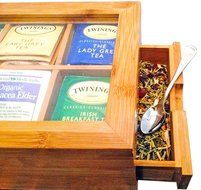 Best Bamboo Tea Box Natural Chest with Clear Hinged Lid, 8 Storage Sections with Expandable Drawer N2