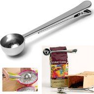 TXIN 2 in1 Stainless Steel Ground Coffee Measuring Scoop Spoons Bags Seal Clip Silver N2