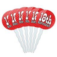 Set of 6 Cupcake Picks Toppers Decoration Birthday Party Red Black Polka Dots - 90 Ninety N9