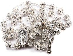 White Zircon Crystals Beads Rosary Catholic Necklace Miraculous Medal &amp; Crucifix N2