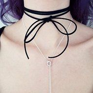 BOHO THIN SUEDE BLACK WRAP AROUND STRING WOMEN CHOKER NECKLACE PENDANT 120CM
